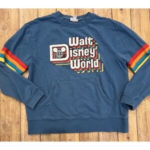 Walt Disney World Retro Blue Crewneck Rainbow Sweatshirt front pockets SIZE Med